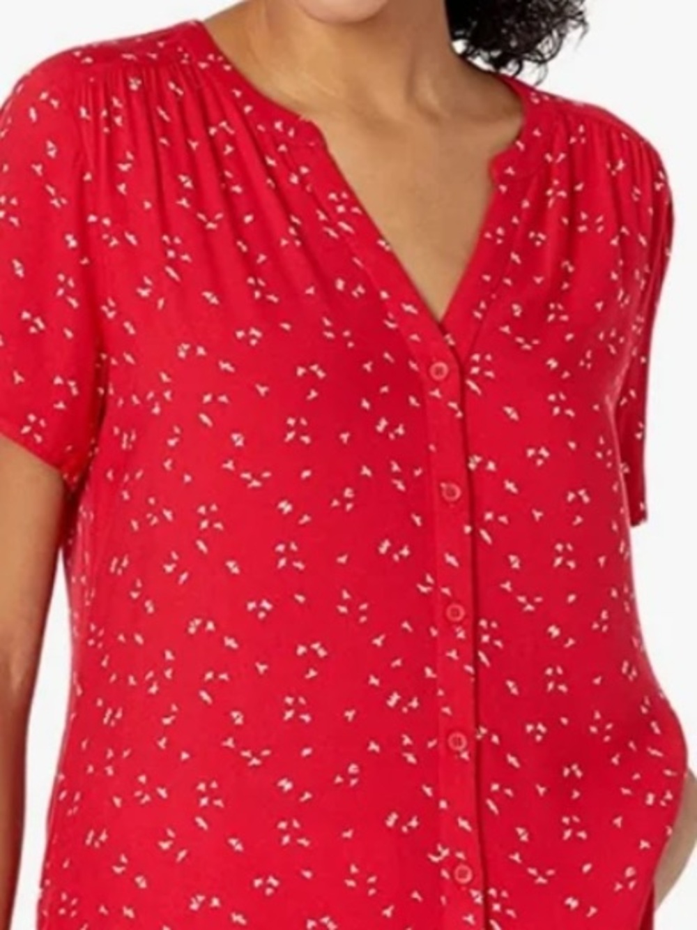 Red Short-Sleeve Top Shirt Blouse with White Scatter Print an Buttond
